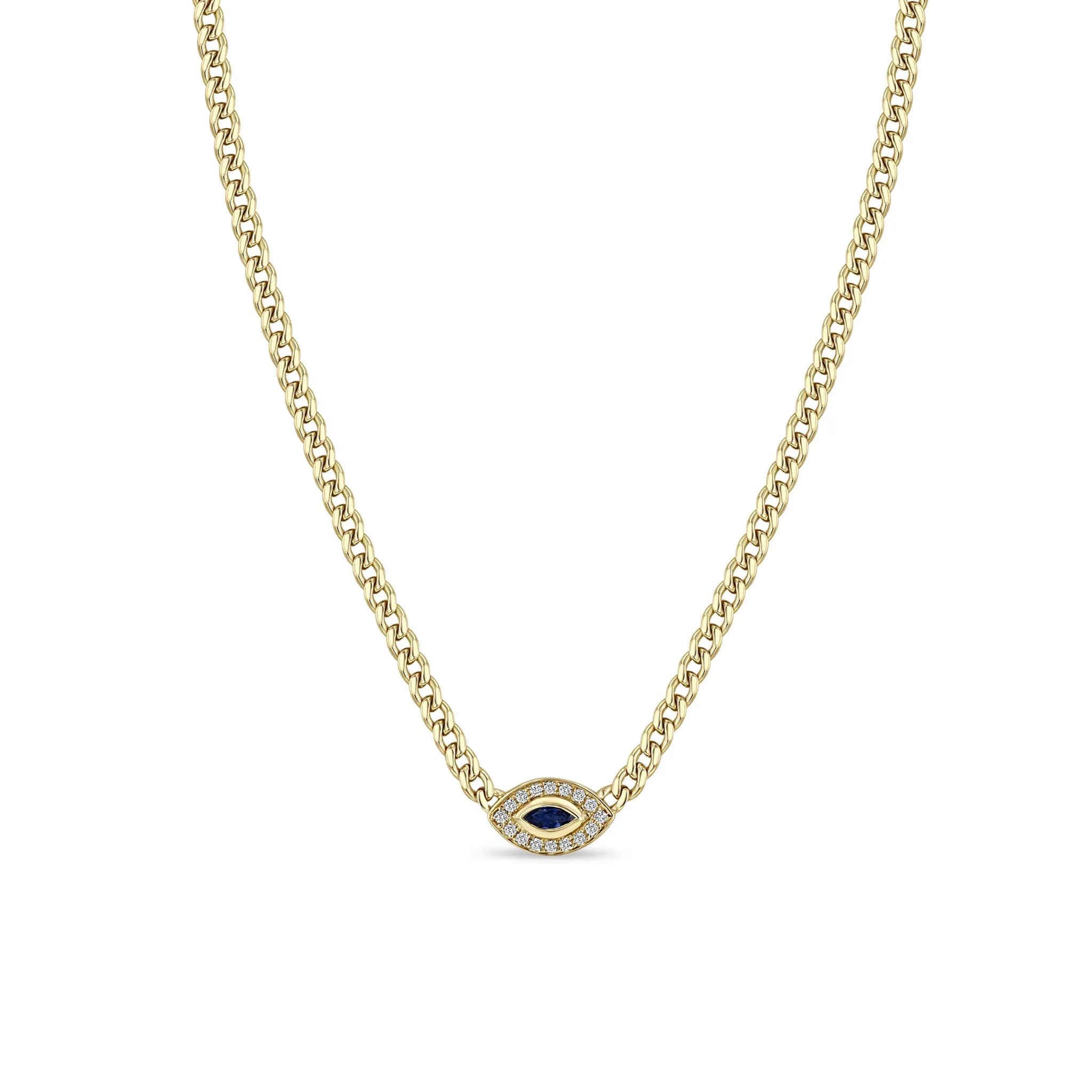 14k Small Curb Chain Marquise Blue Sapphire Halo Necklace