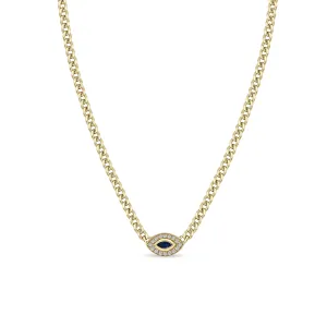 14k Small Curb Chain Marquise Blue Sapphire Halo Necklace