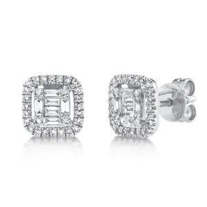 14K White Gold Baguette & Round Diamond Stud Earrings