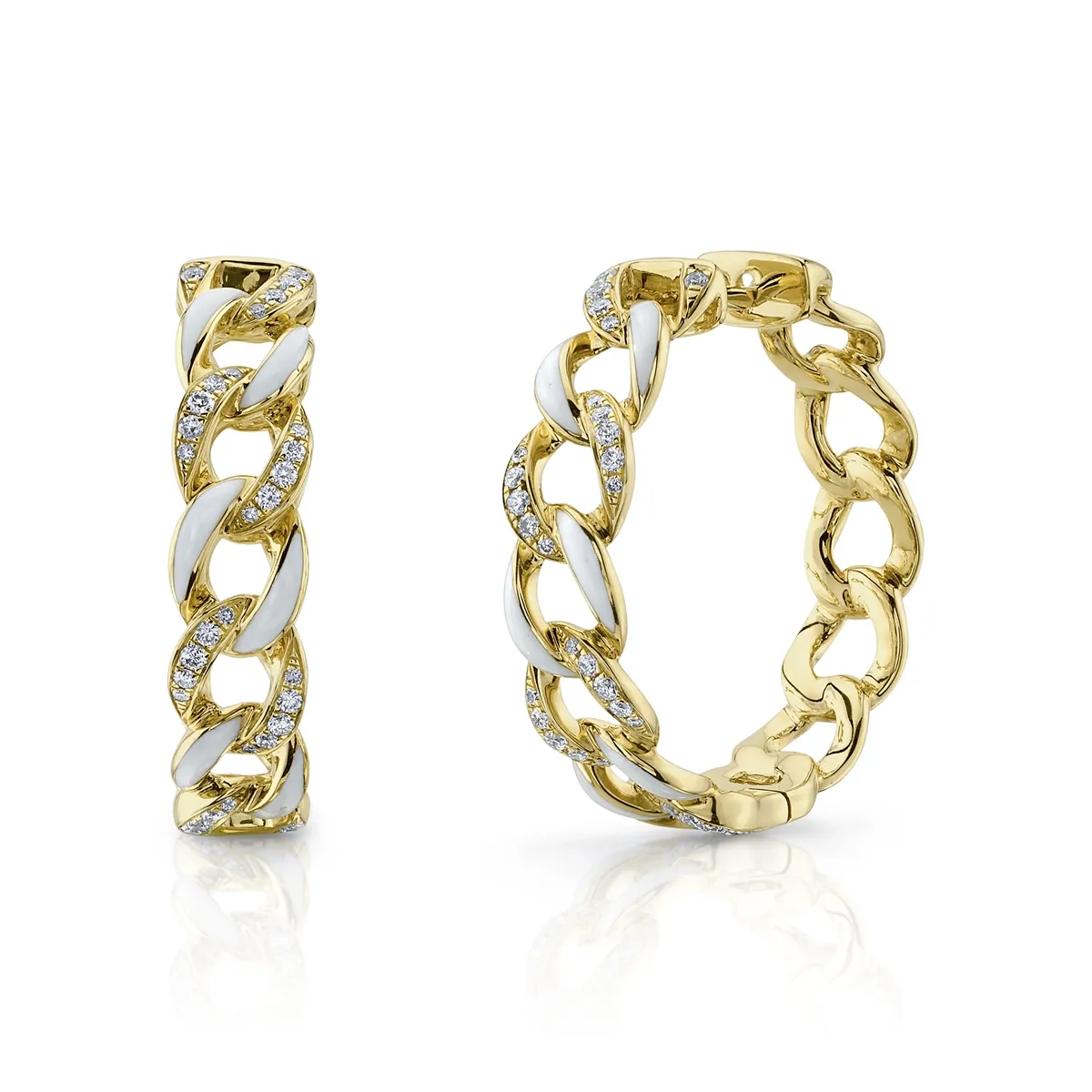 14K Yellow Gold Diamond & White Enamel Link Hoop Earrings