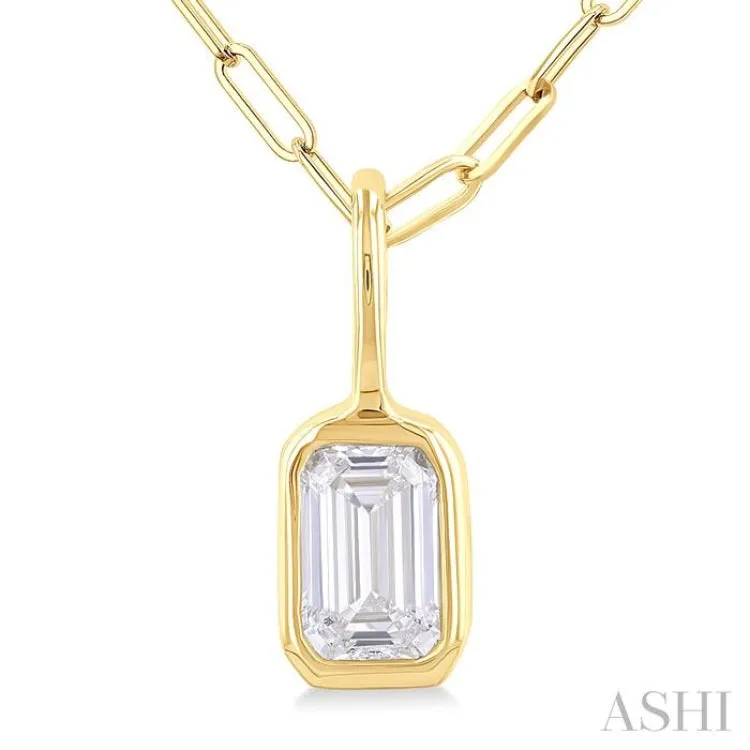 1/5 ctw Emerald Cut Bezel Set Diamond Fashion Pendant With Paper Clip Chain in 14K Yellow Gold