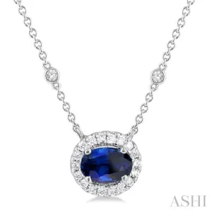 1/6 ctw East West 6X4MM Oval Cut Sapphire and Round Cut Diamond Halo Precious Necklace in 14K White Gold