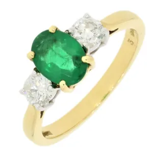 18ct Yellow Gold Oval Emerald and Diamond Trilogy Ring