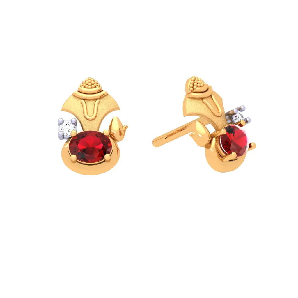 18k Gold And Diamond Stud Earring With Red Gems From Diamond Collection