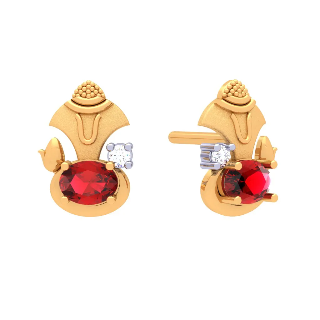 18k Gold And Diamond Stud Earring With Red Gems From Diamond Collection