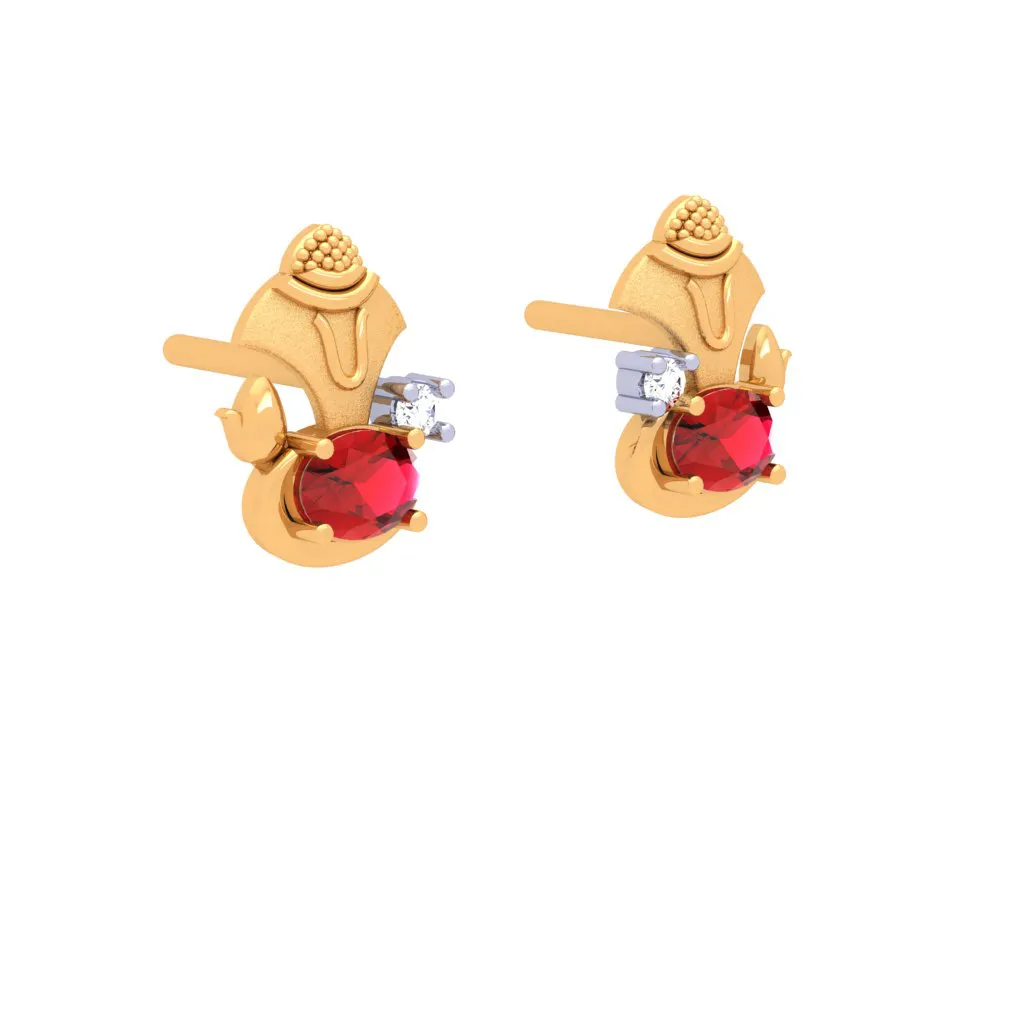 18k Gold And Diamond Stud Earring With Red Gems From Diamond Collection