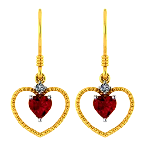 18k Heart Shaped Diamond Earrings With A Red Stone