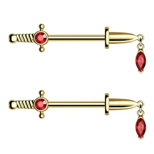 2PCS 14G Sword With Red Gems Nipple Barbell Rings