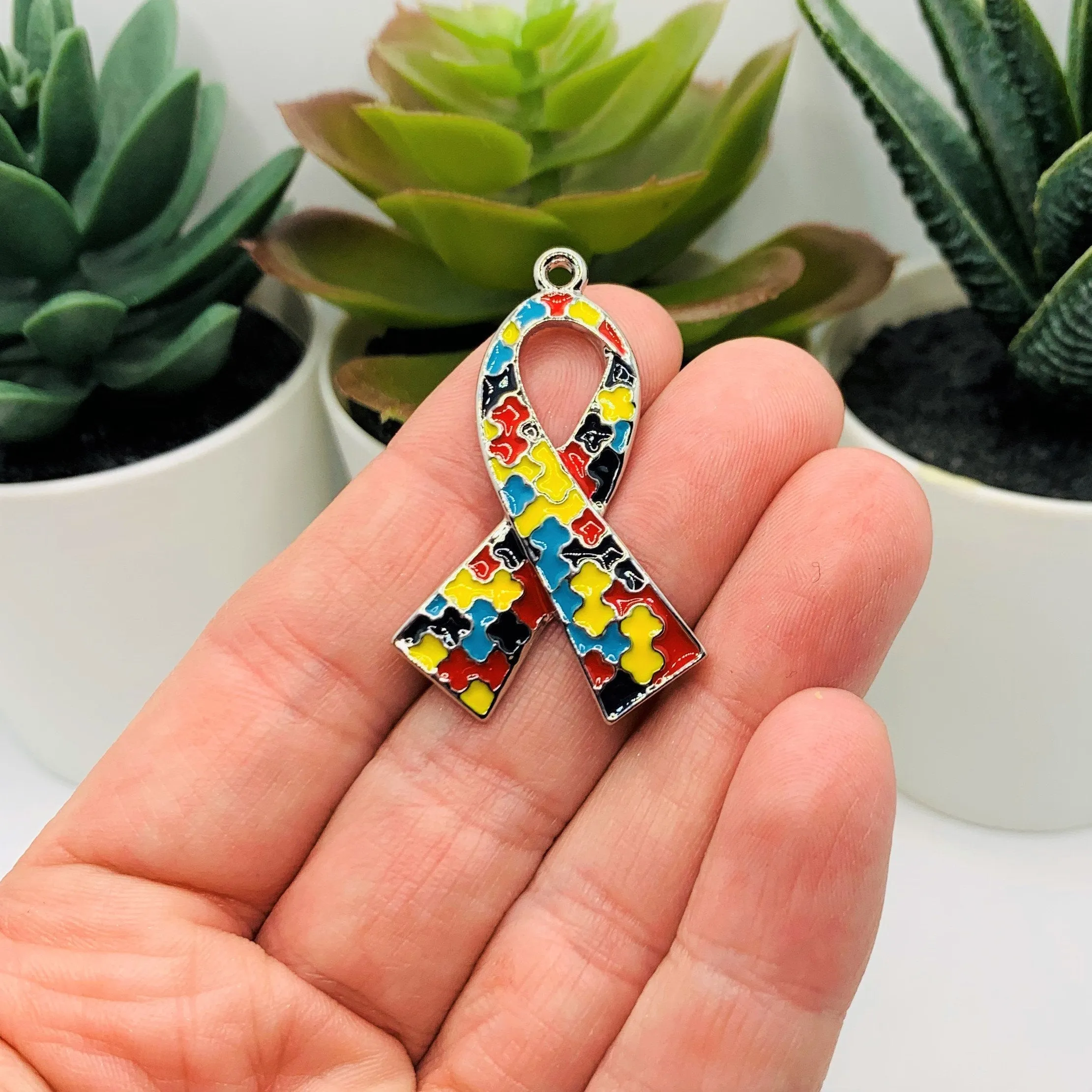 4 or 12 Pieces: Large Enamel Autism Awareness Ribbon Charms