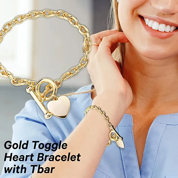 6mm Gold Toggle Heart Bracelet Oval Links T-bar 8 Inch