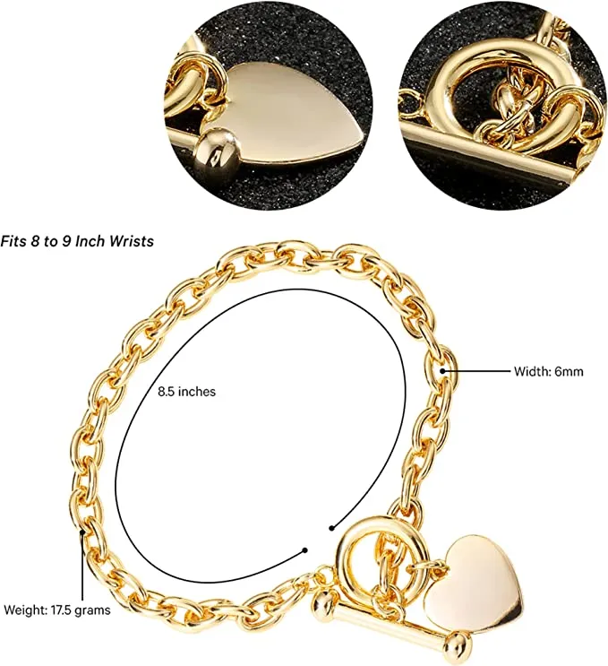 6mm Gold Toggle Heart Bracelet Oval Links T-bar 8 Inch