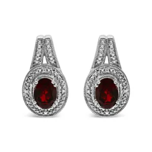 .925 Sterling Silver Diamond Accent and 8x6mm Red Oval Garnet Stud Earrings (I-J Color, I1-I2 Clarity)