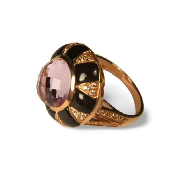 Beautiful 14K Pink Rose Gold Amethyst Onyx Diamond Cocktail Ring