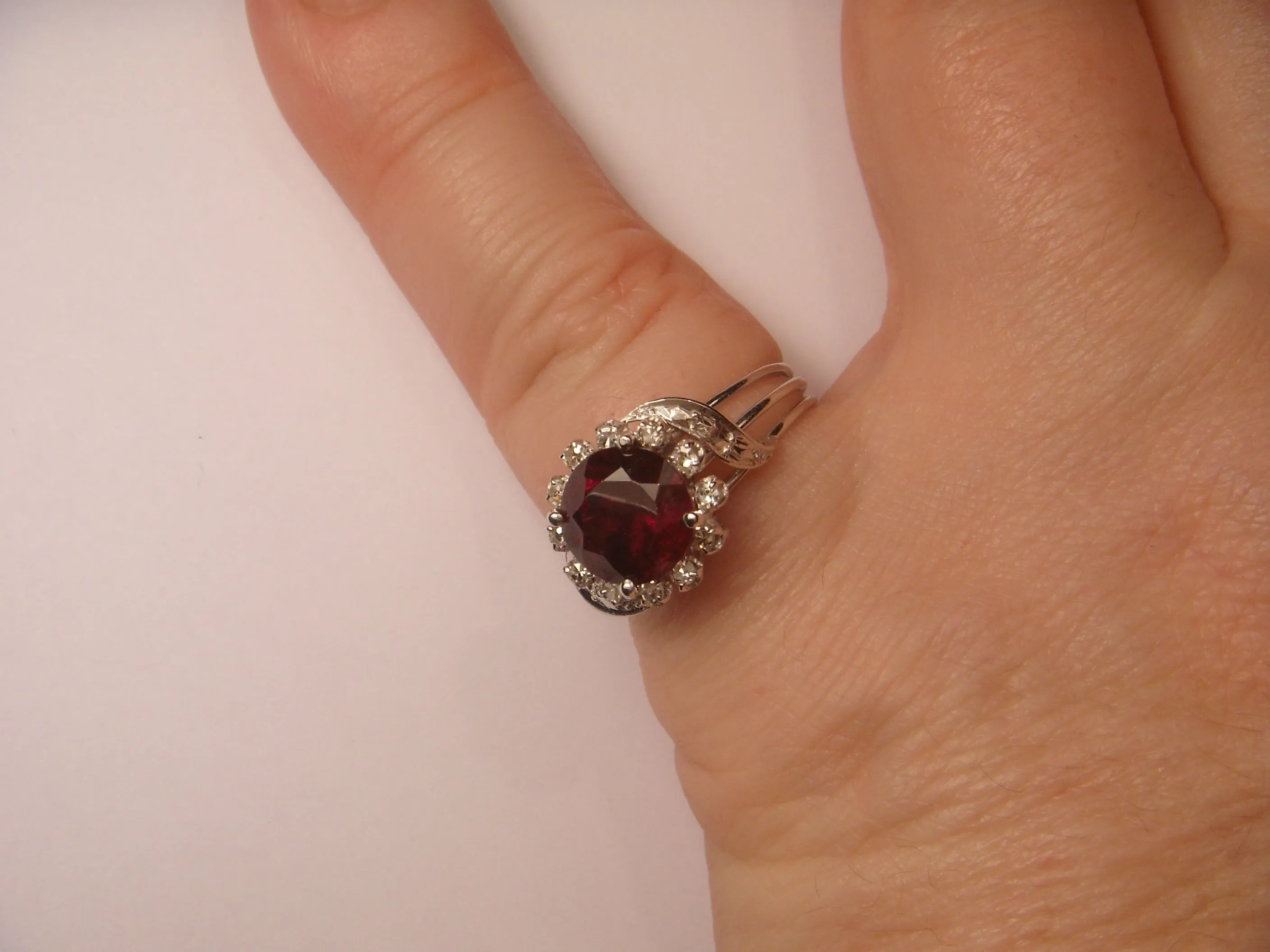 Beautiful Antique 18K White Gold Platinum Garnet Diamond Handmade Ring