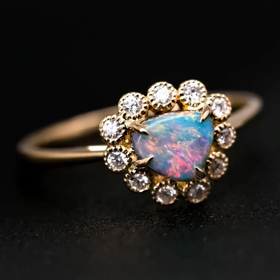 Beautiful Black Opal & Halo Diamond Engagement Ring 18K Yellow Gold