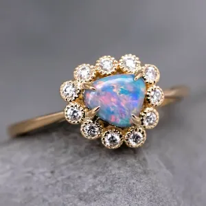 Beautiful Black Opal & Halo Diamond Engagement Ring 18K Yellow Gold