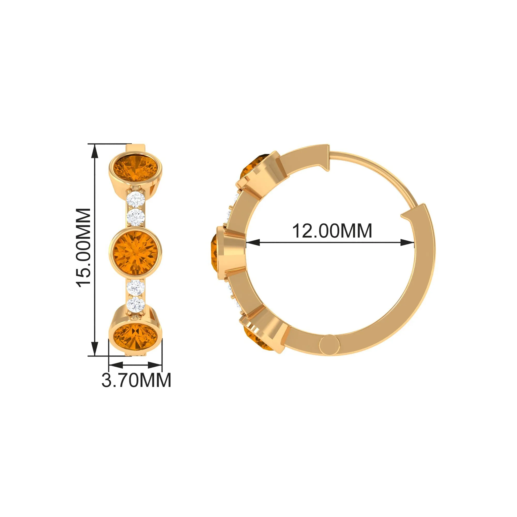 Bezel Set Citrine 3 Stone Hinged Hoop Earrings with Diamond