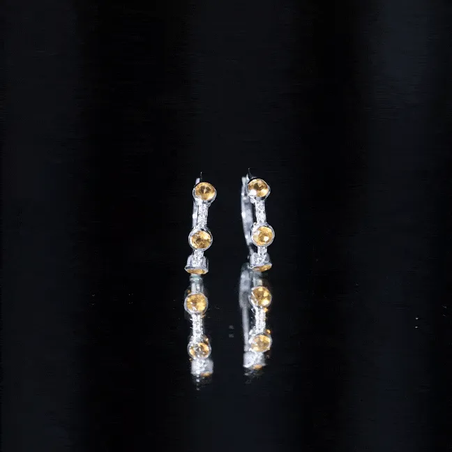 Bezel Set Citrine 3 Stone Hinged Hoop Earrings with Diamond