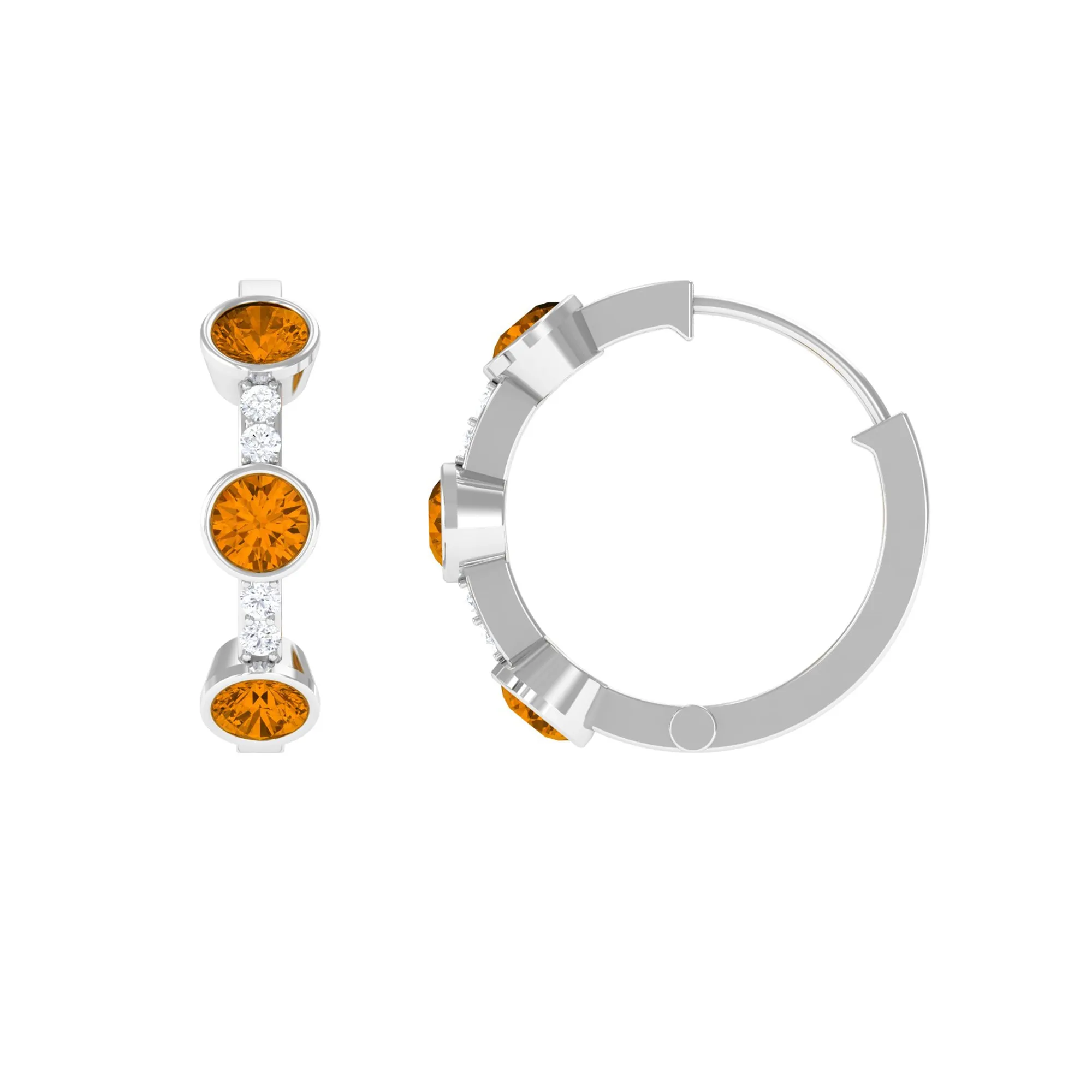 Bezel Set Citrine 3 Stone Hinged Hoop Earrings with Diamond