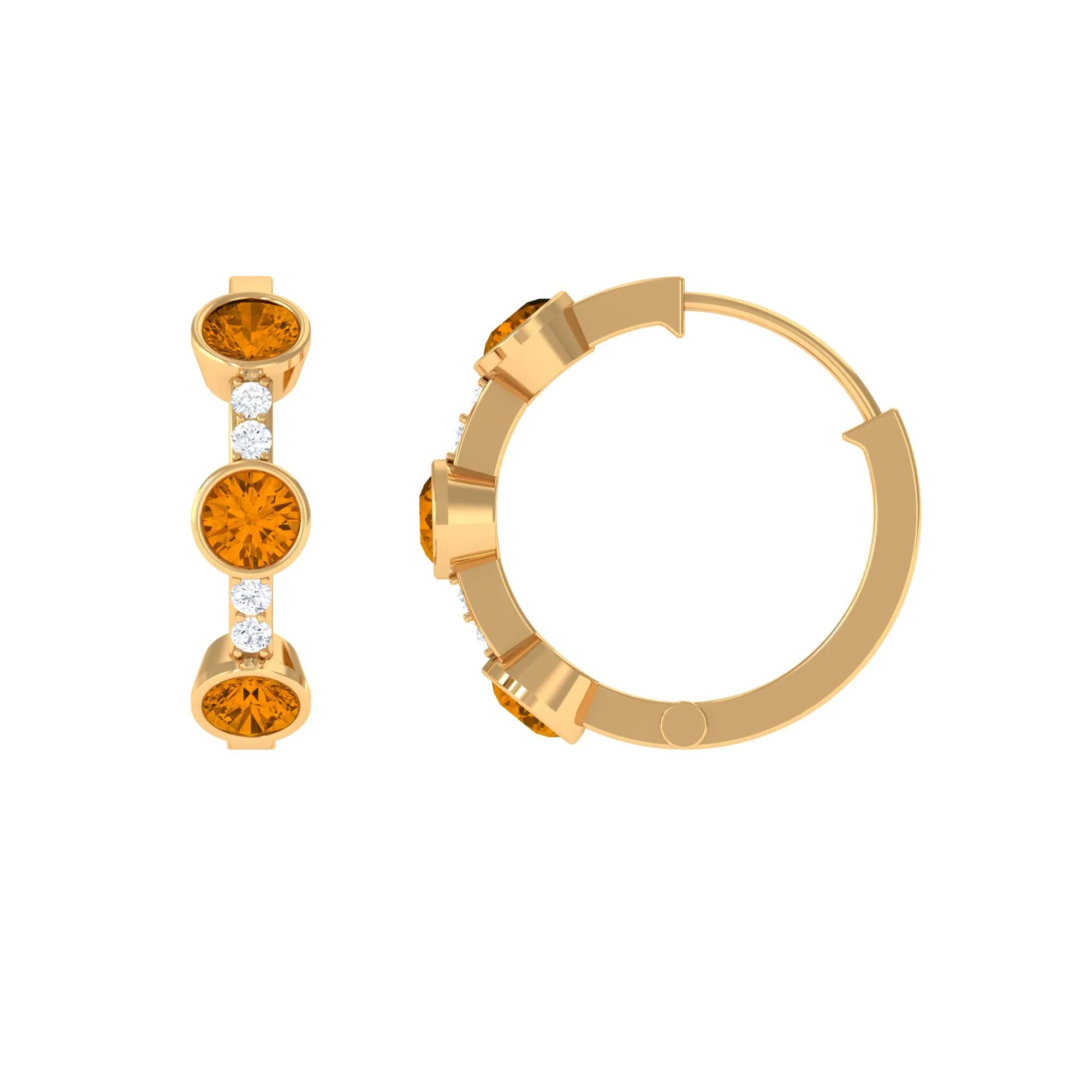 Bezel Set Citrine 3 Stone Hinged Hoop Earrings with Diamond