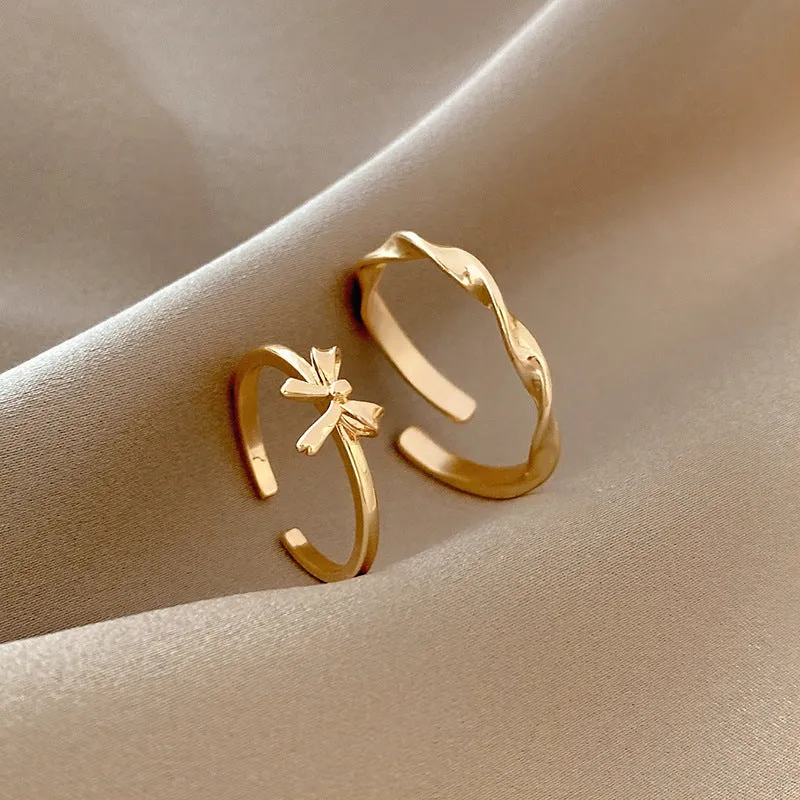 Bow Tie Twist 14K Gold Adjustable Dainty Ring Set