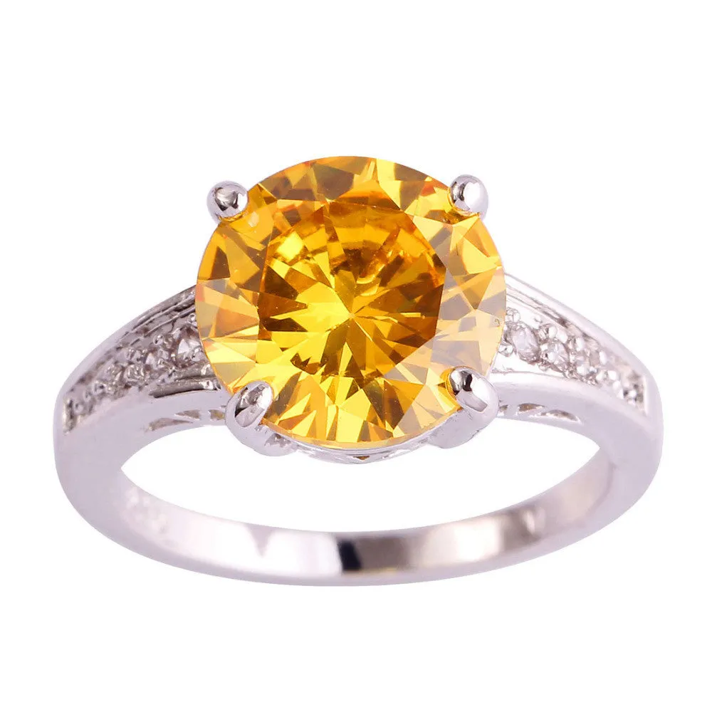 Cocktail Gold Jewelry Ring Round Cut Citrine & White Sapphire 925 Silver Ring