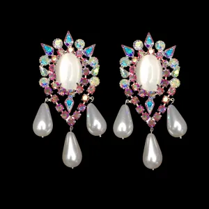 Earrings Large Regal Oval Pink and AB Crystals with Dangling Pearls