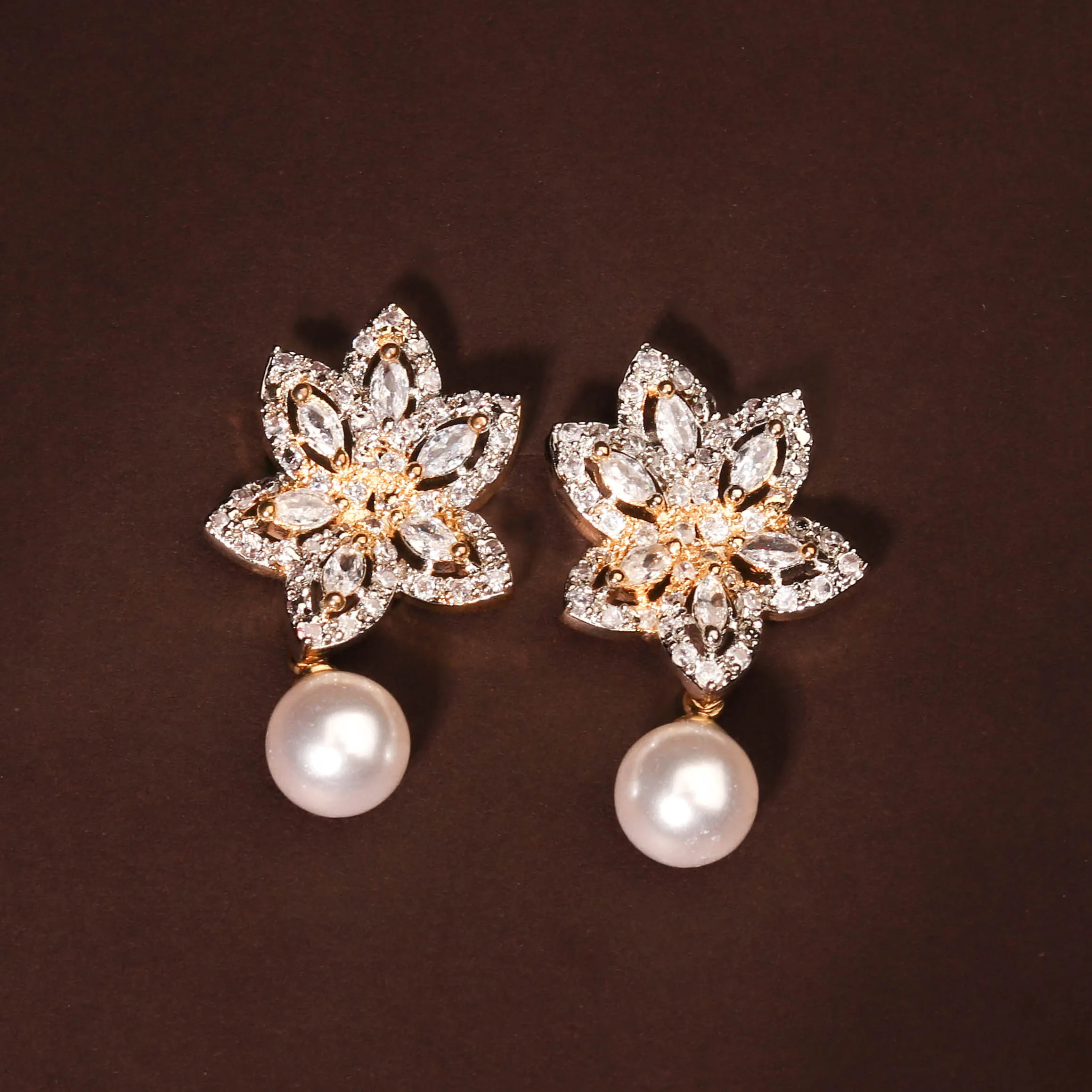 Enchanting Floral Inspired CZ Stones and Pearl Earring For Women