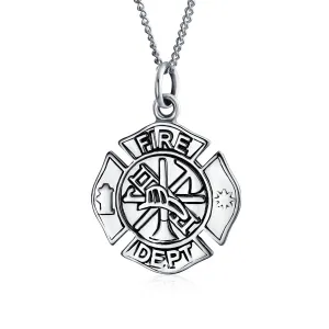 Firefighter Shield Medallion Pendant Necklace for Firemen Wife in Sterling Silver