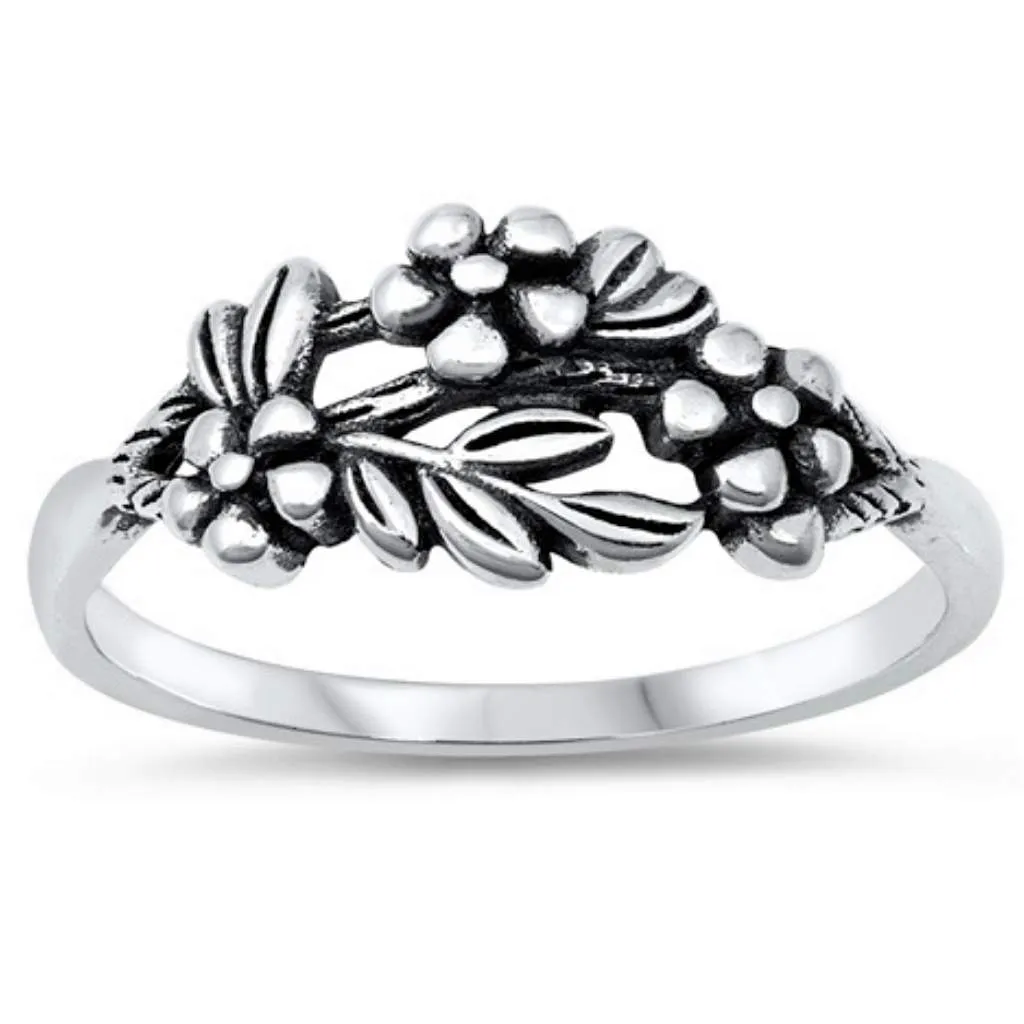 Flowers Nestled on Leaves Sterling Silver Ring