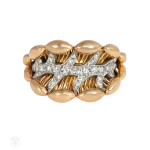 French Retro rose gold and diamond leaf ring