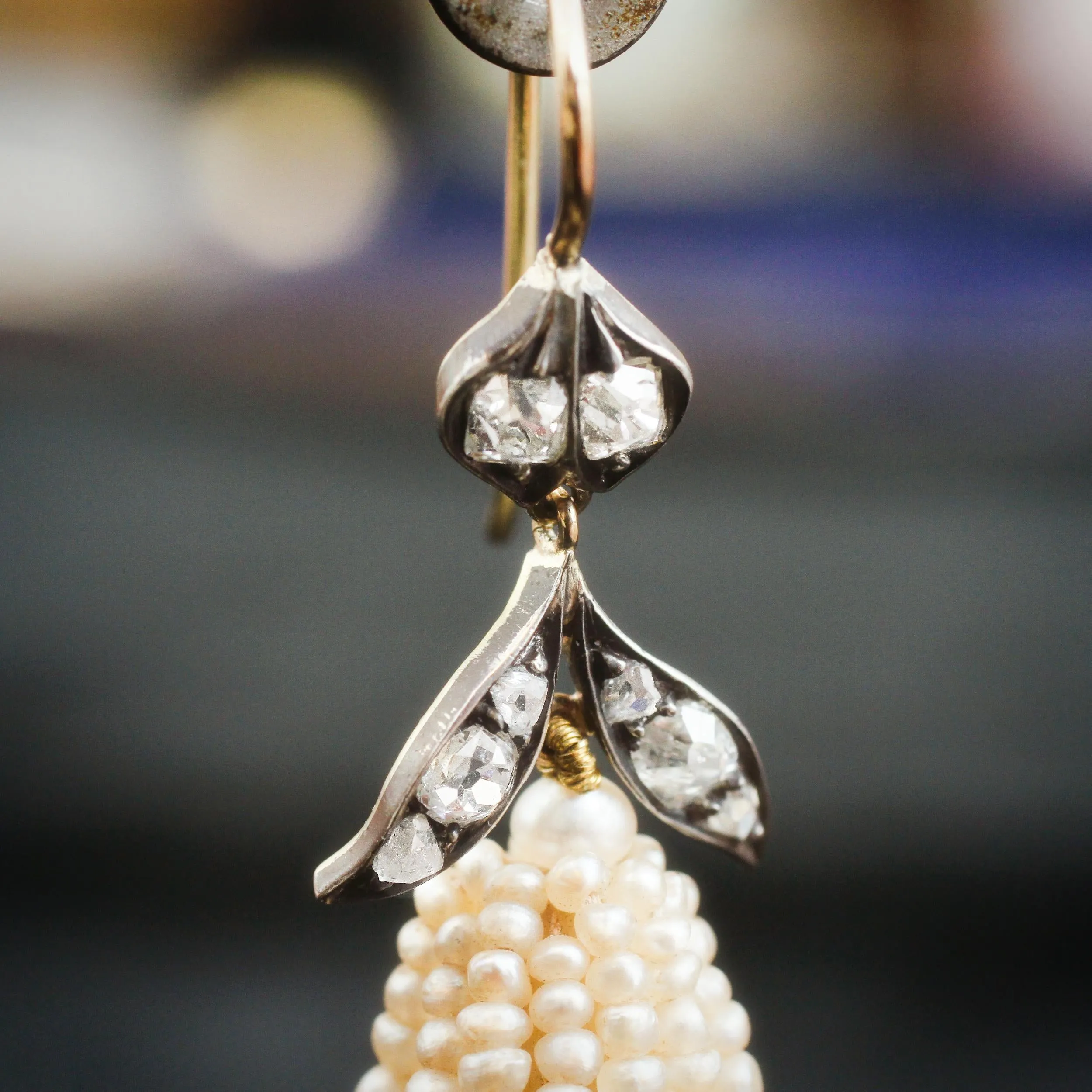 Georgian Natural Seed Pearl & Diamond Earrings