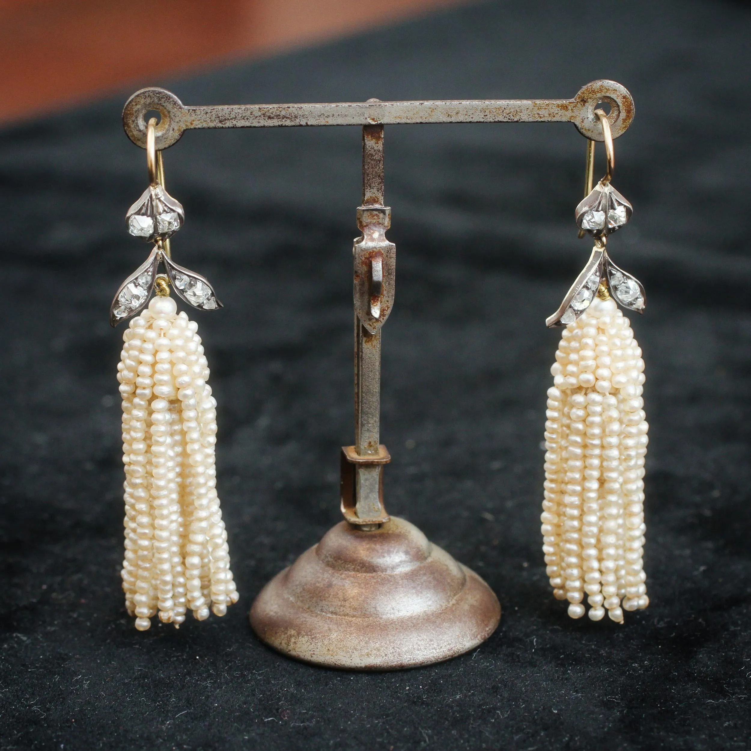 Georgian Natural Seed Pearl & Diamond Earrings