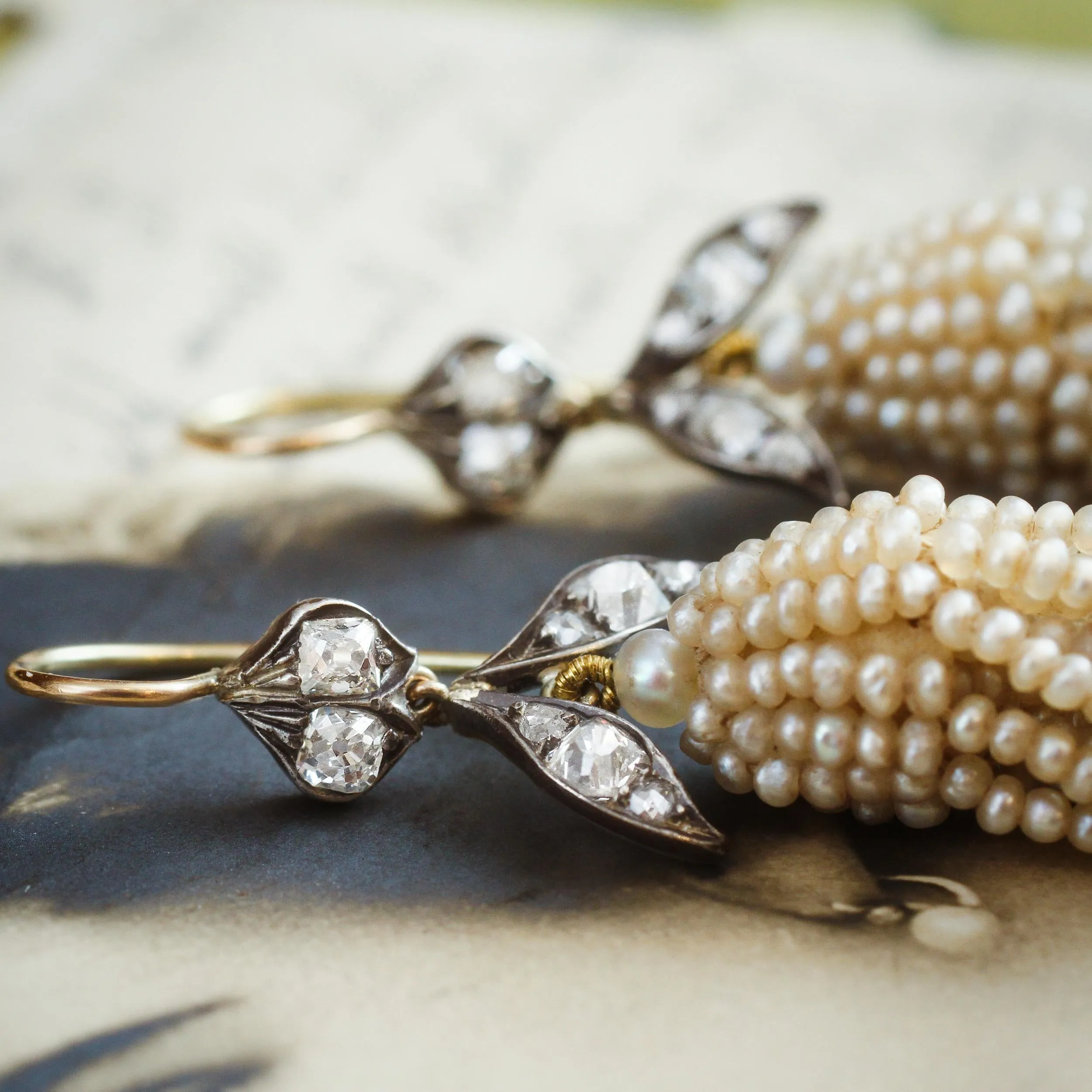 Georgian Natural Seed Pearl & Diamond Earrings