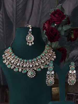 Green Color Gold Plated Faux Polki Bridal Necklace Set - PK-S157LGR