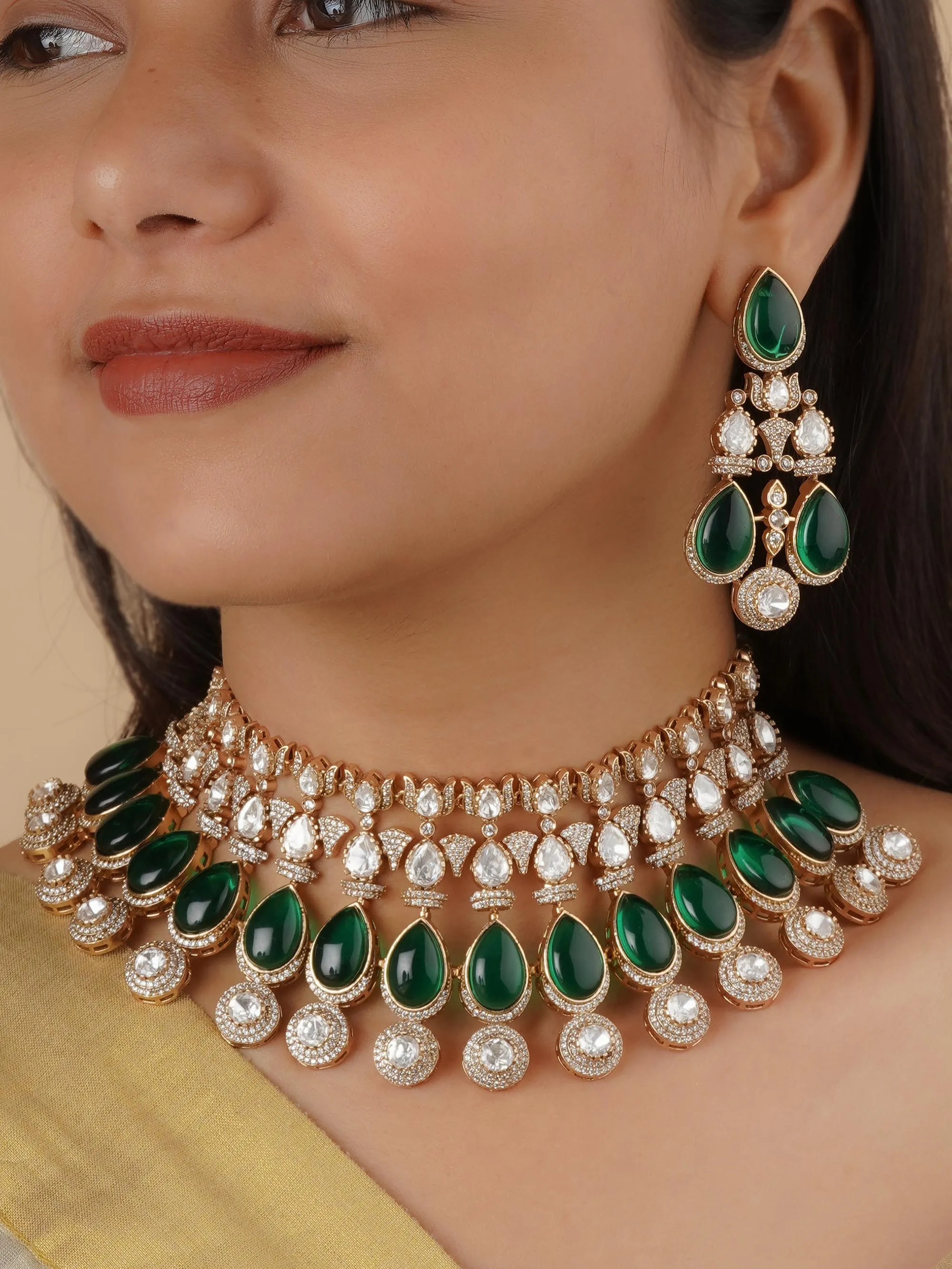 Green Color Gold Plated Faux Polki Bridal Necklace Set - PK-S160GR