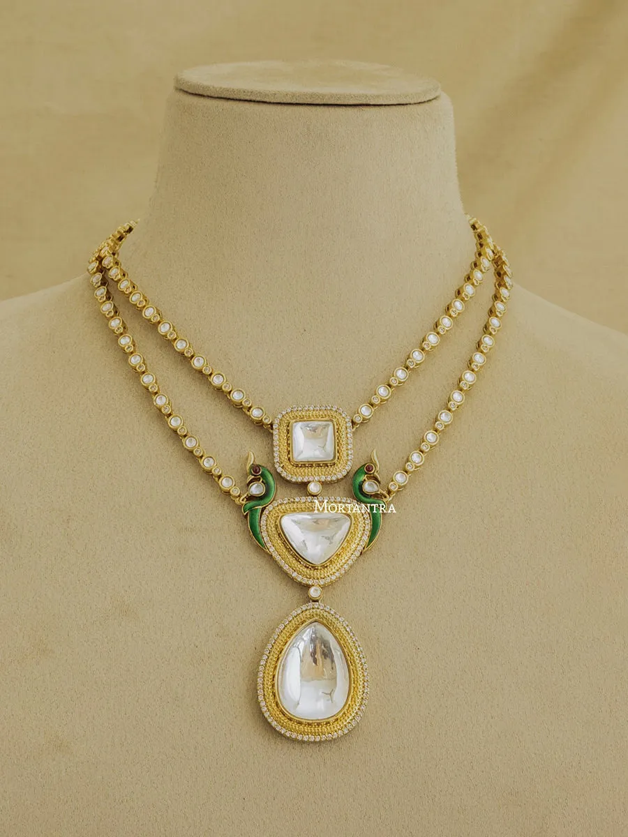 Green Color Gold Plated Faux Polki Bridal Necklace Set - PK-S41