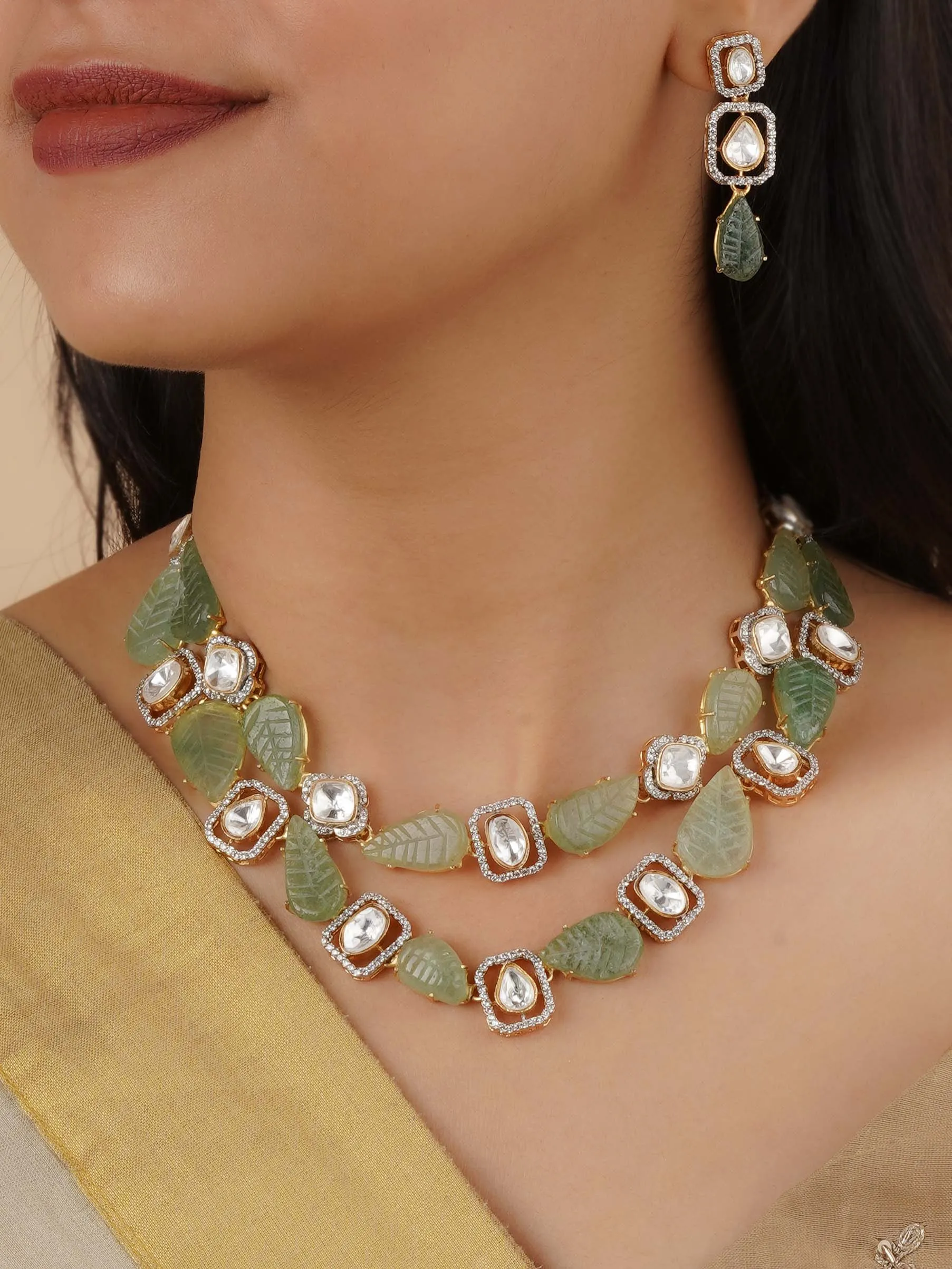 Green Color Gold Plated Faux Polki Necklace Set - PK-S184