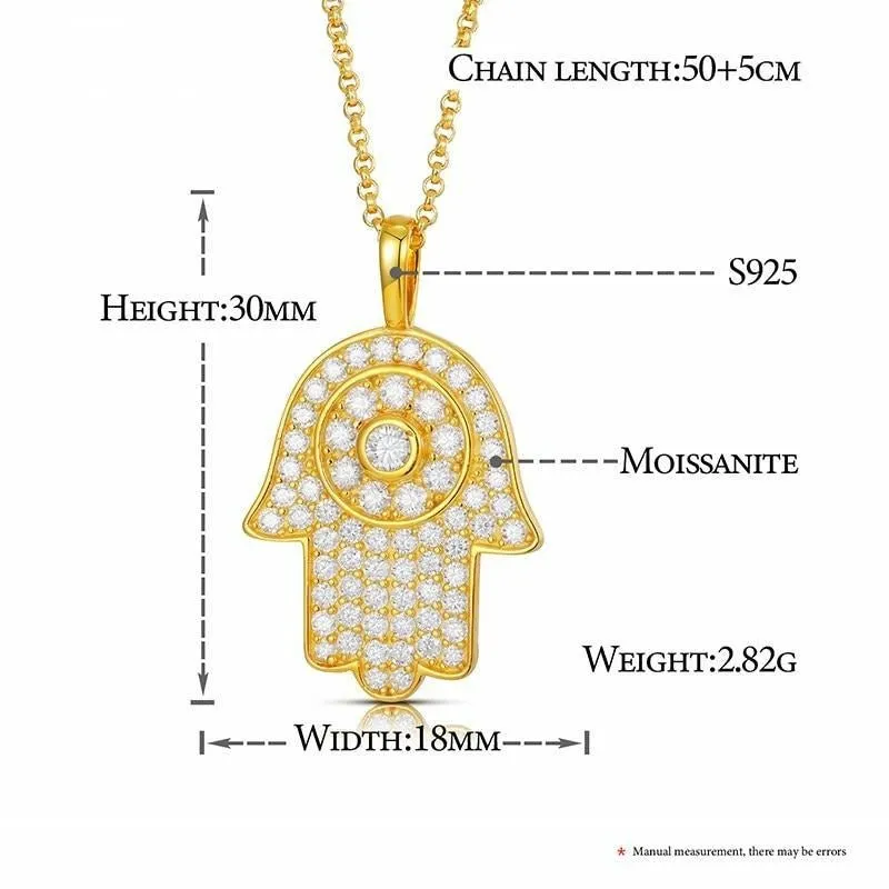 Hamsa Hand in 925 Silver & Moissanite Pendant Necklace