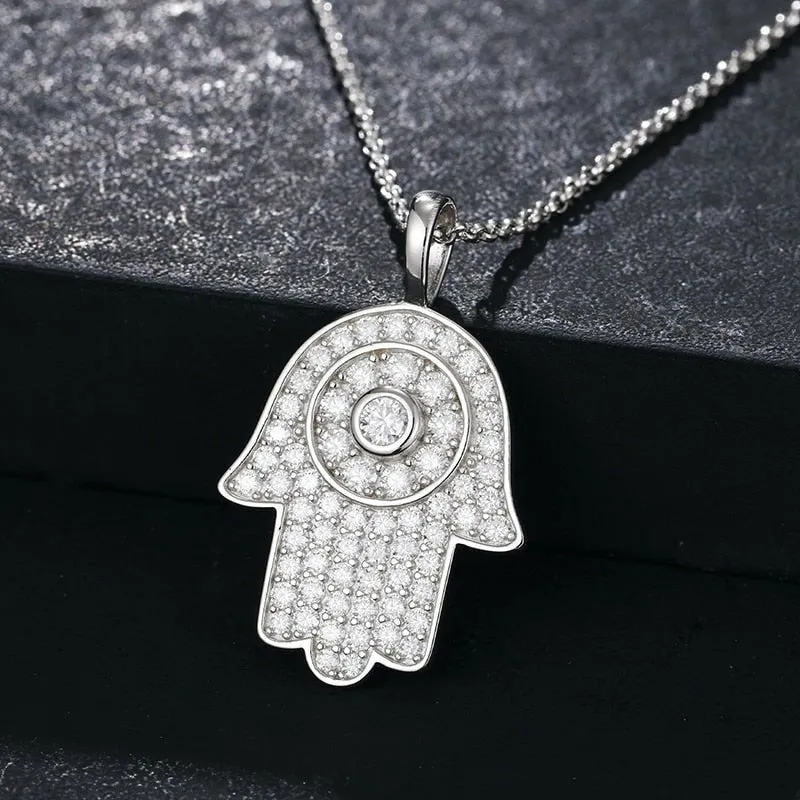 Hamsa Hand in 925 Silver & Moissanite Pendant Necklace