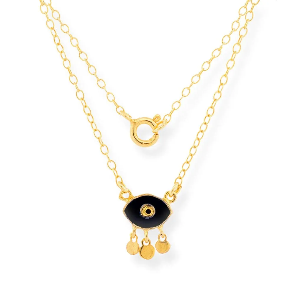 Handmade Short Gold Plated Silver Chain Necklace With Black Enamel Evil Eye