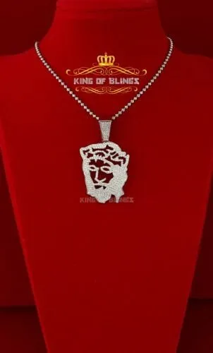 King Of Bling's Special 925 White Sterling Silver Jesus Face Pendant with 6.41ct Cubic Zirconia