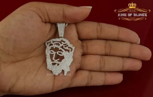 King Of Bling's Special 925 White Sterling Silver Jesus Face Pendant with 6.41ct Cubic Zirconia