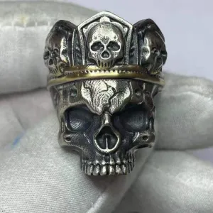 King Skull Crown Sterling Silver Brass Ring