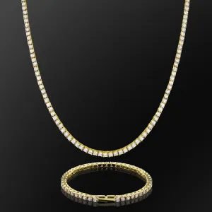 KRKC 3mm CZ Diamond Mens Tennis Chain and Bracelet Set in 14K Gold