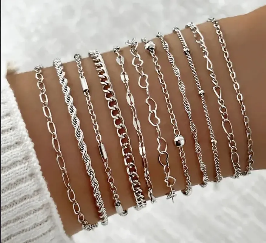 Luxurious 11-Piece Metal Bracelet Set - Boho Retro Thick Twist Cuban Chains for Versatile Holiday Style