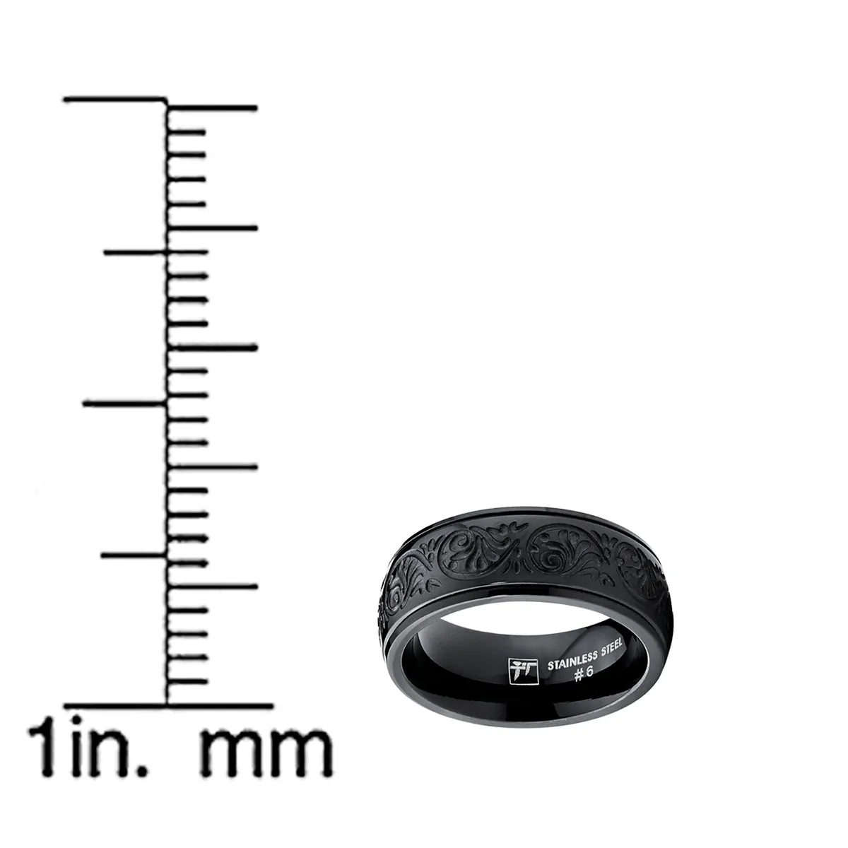 Men's 7MM BLACK Stainless Steel Ring With Engraved Florentine Design Sizes 6 to 12