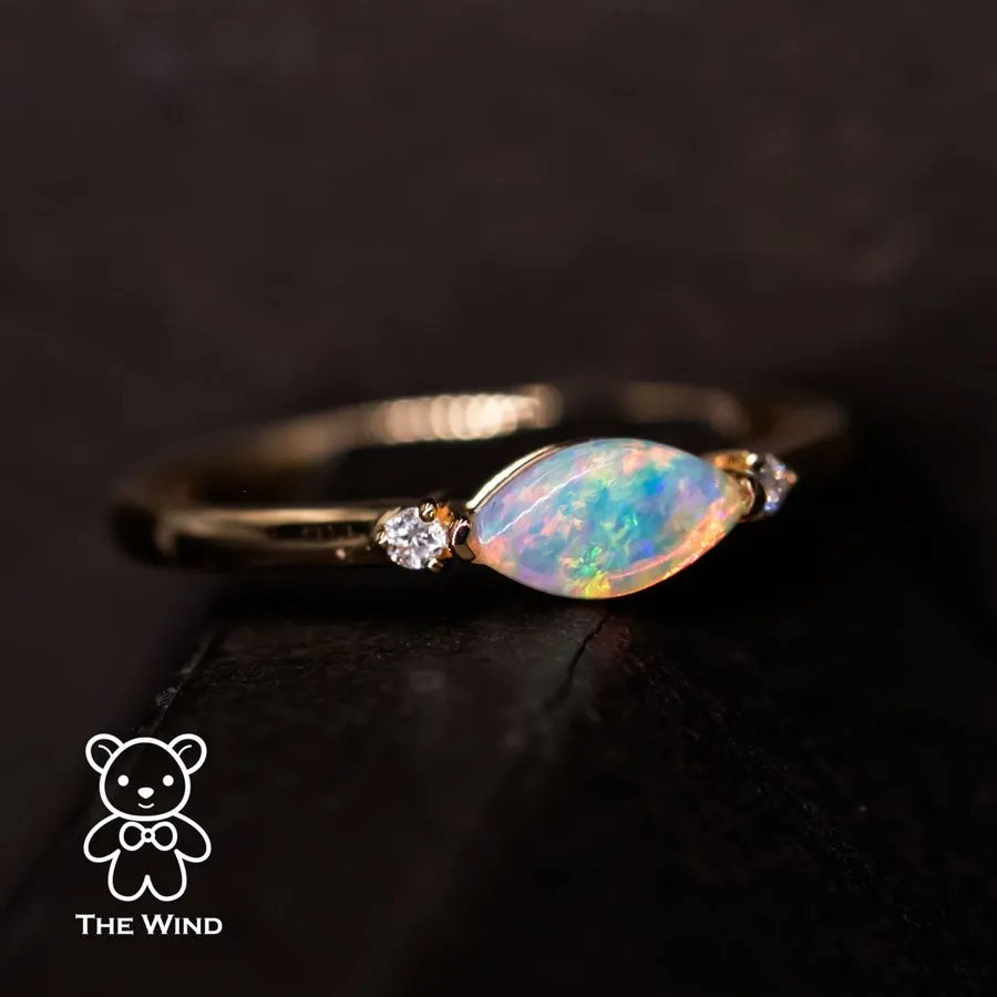 Minimalist Marquise Australian Solid Opal Diamond Engagement Ring 18K Yellow Gold.