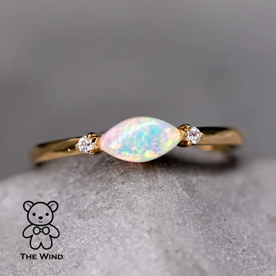 Minimalist Marquise Australian Solid Opal Diamond Engagement Ring 18K Yellow Gold.