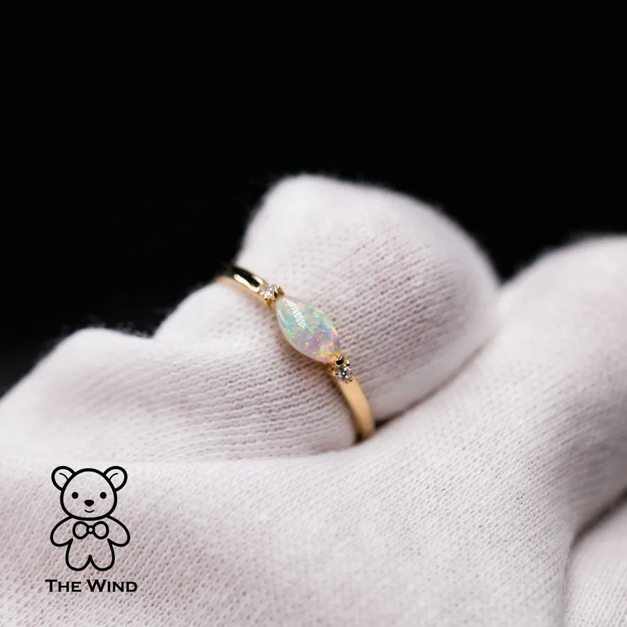 Minimalist Marquise Australian Solid Opal Diamond Engagement Ring 18K Yellow Gold.